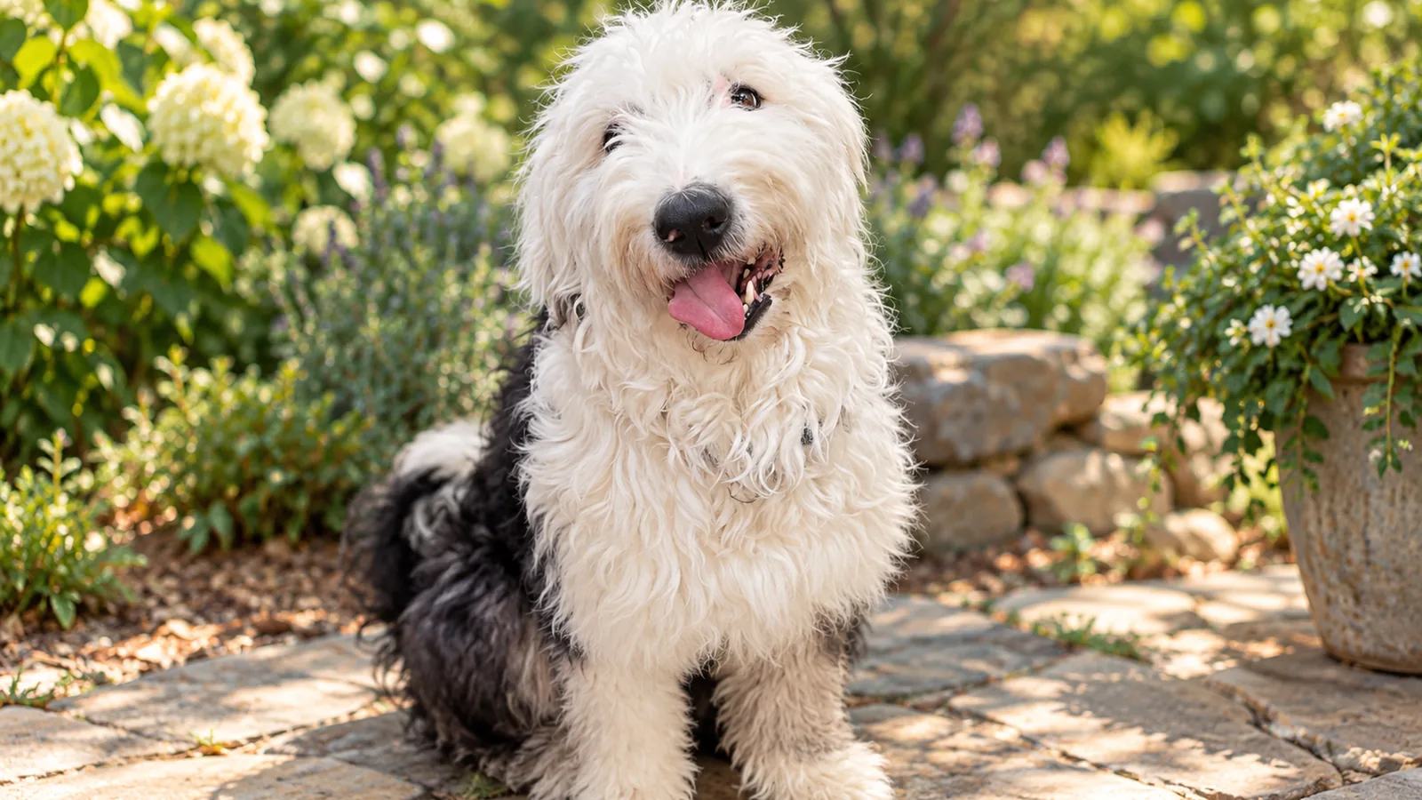 A happy Old English Sheepdog sitting on a stone path in a sunny garden