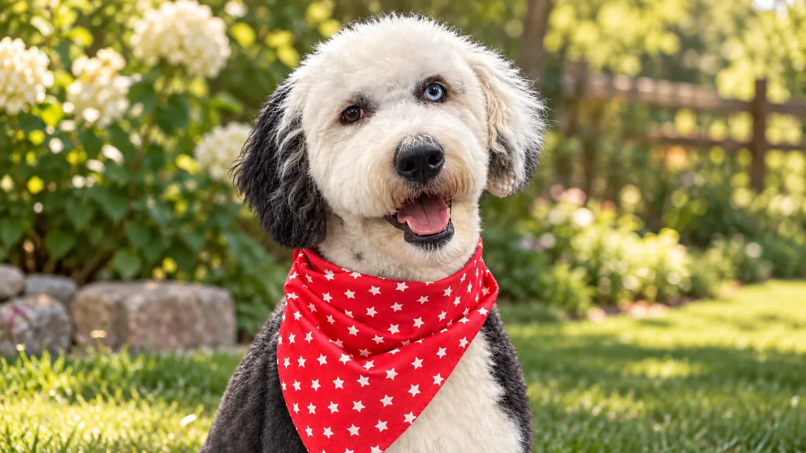 A smiling sheepdog with one blue eye, in a red star bandana, sitting on the lawn of a sunny garden